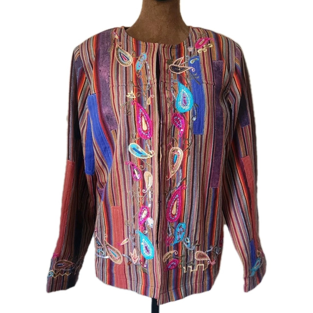 Indigo Moon‎ Blazer Jacket Size M Paisley Sequin Embroidered Art Lined Silk